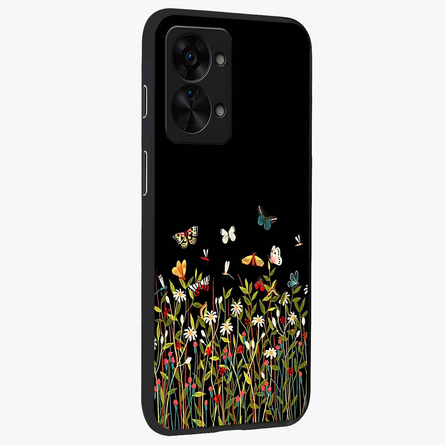Dark Bloom Wonderland Custom Name Glass Case for 1+Nord 2T side perspective highlighting custom typography detailing and smooth edges