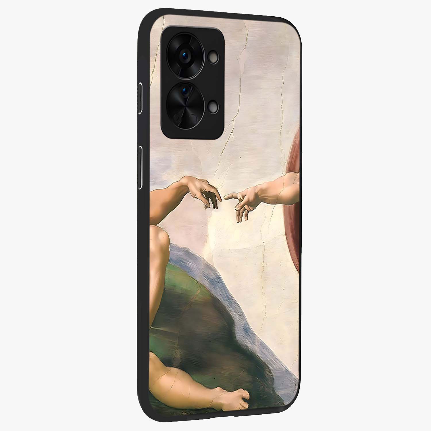 Divine Touch Art Glass Case for 1+Nord 2T side perspective highlighting detailed artwork and premium edge finish