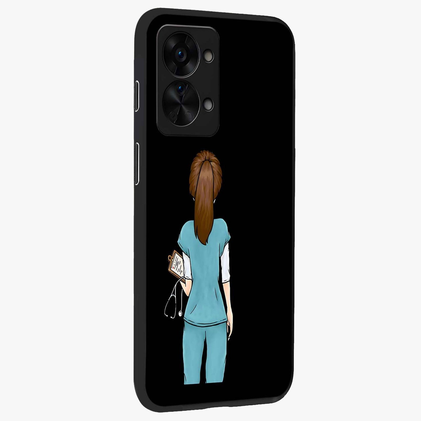 Doctor Pattern Custom Name Glass Case for 1+Nord 2T side perspective highlighting custom typography and smooth premium edges