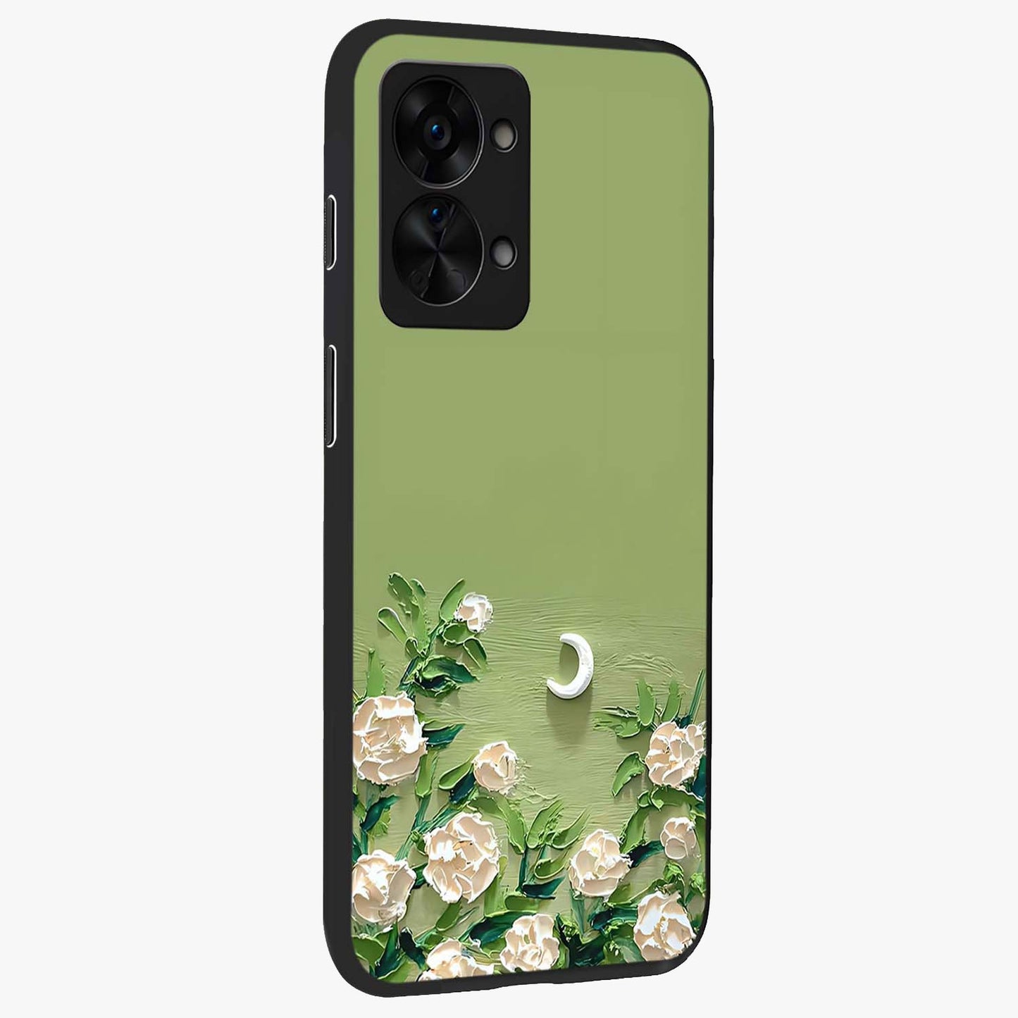 Emerald Bloom Calm Glass Case for 1+Nord 2T side perspective highlighting delicate bloom detailing and smooth edges