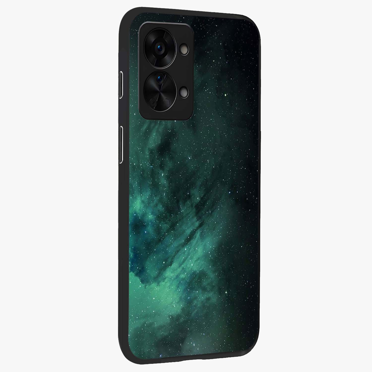 Emerald Green Space Glass Case for 1+Nord 2T side perspective highlighting luminous detailing and premium edge finish