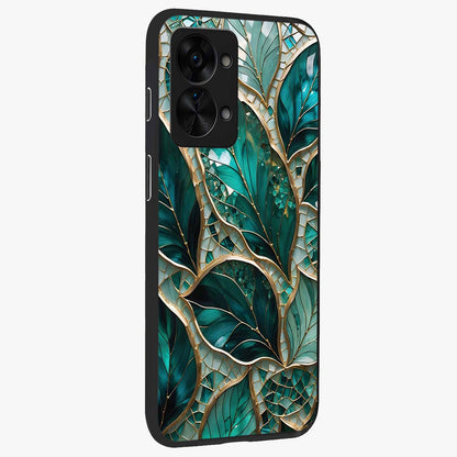 Emerald Leaf Glass Case for 1+Nord 2T side perspective highlighting refined leaf textures and sleek build