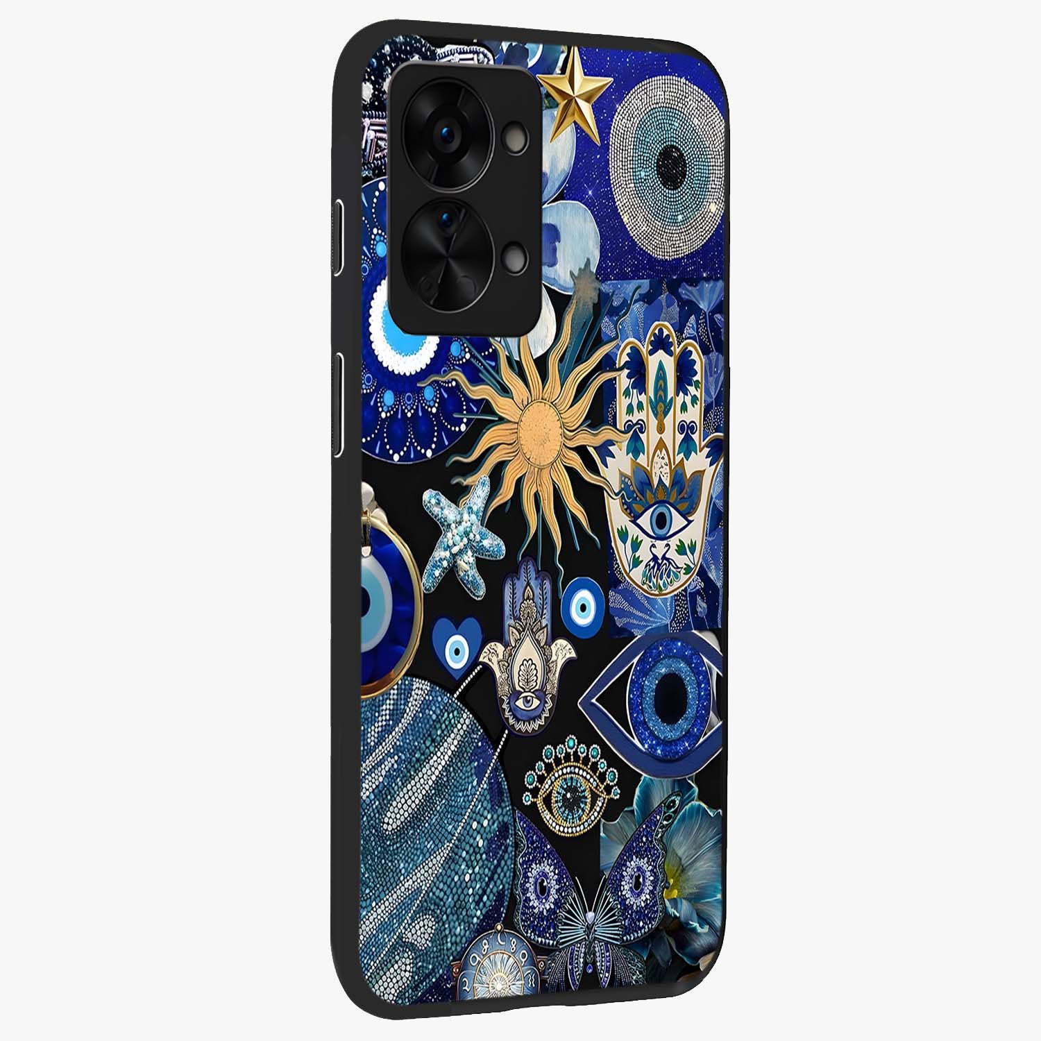 Evil Eye Charm Mix Glass Case for 1+Nord 2T side perspective highlighting intricate charm detailing and smooth build