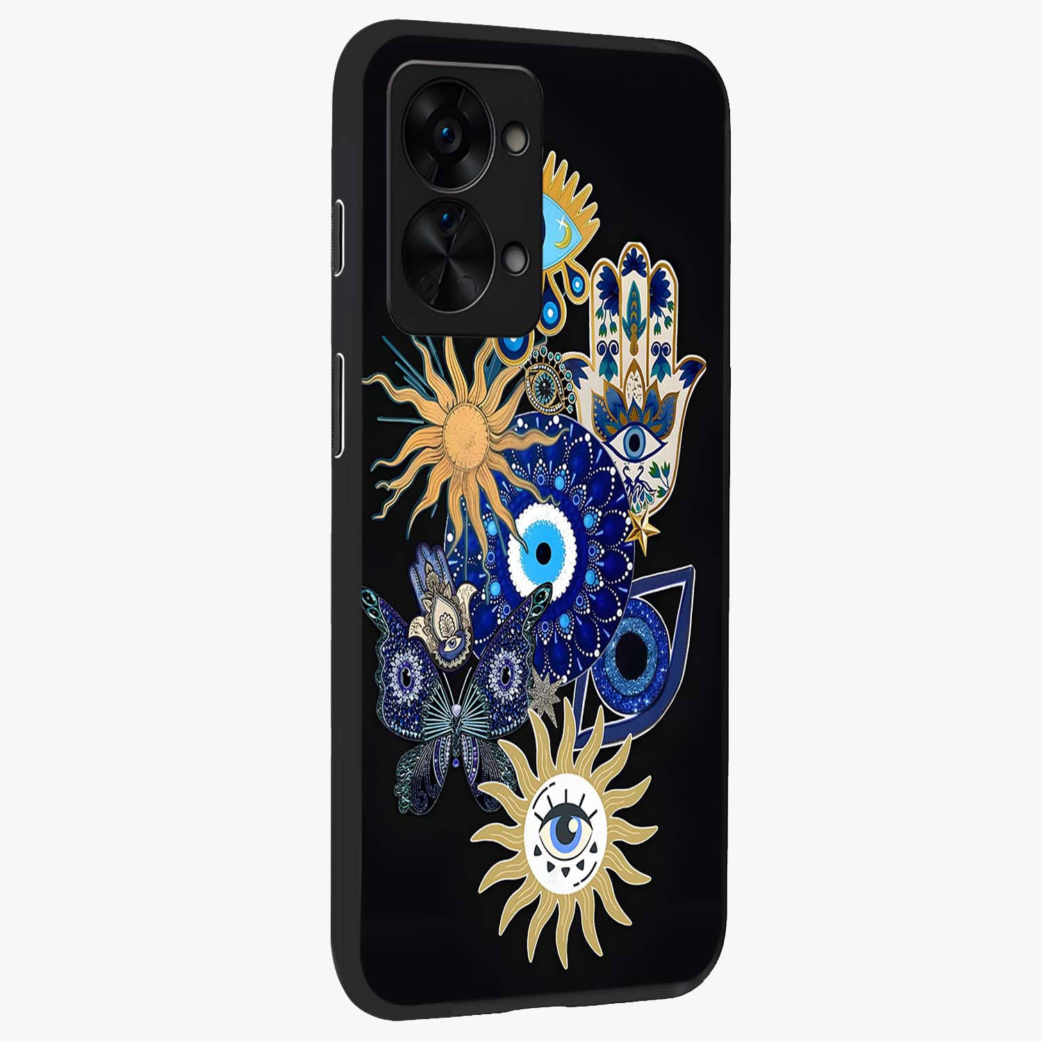 Evil Eye Charm Vibes Glass Case for 1+Nord 2T side perspective highlighting vibrant textures and premium edge finish