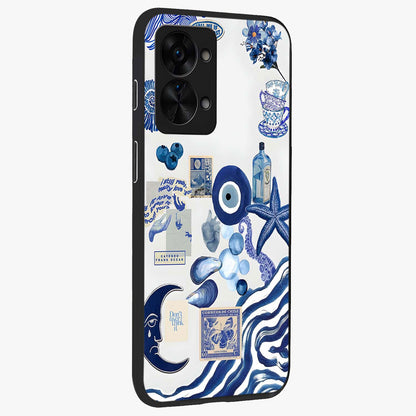 Evil Eyes Dark Blue Glass Case for 1+Nord 2T side perspective highlighting intense blue detailing and premium build