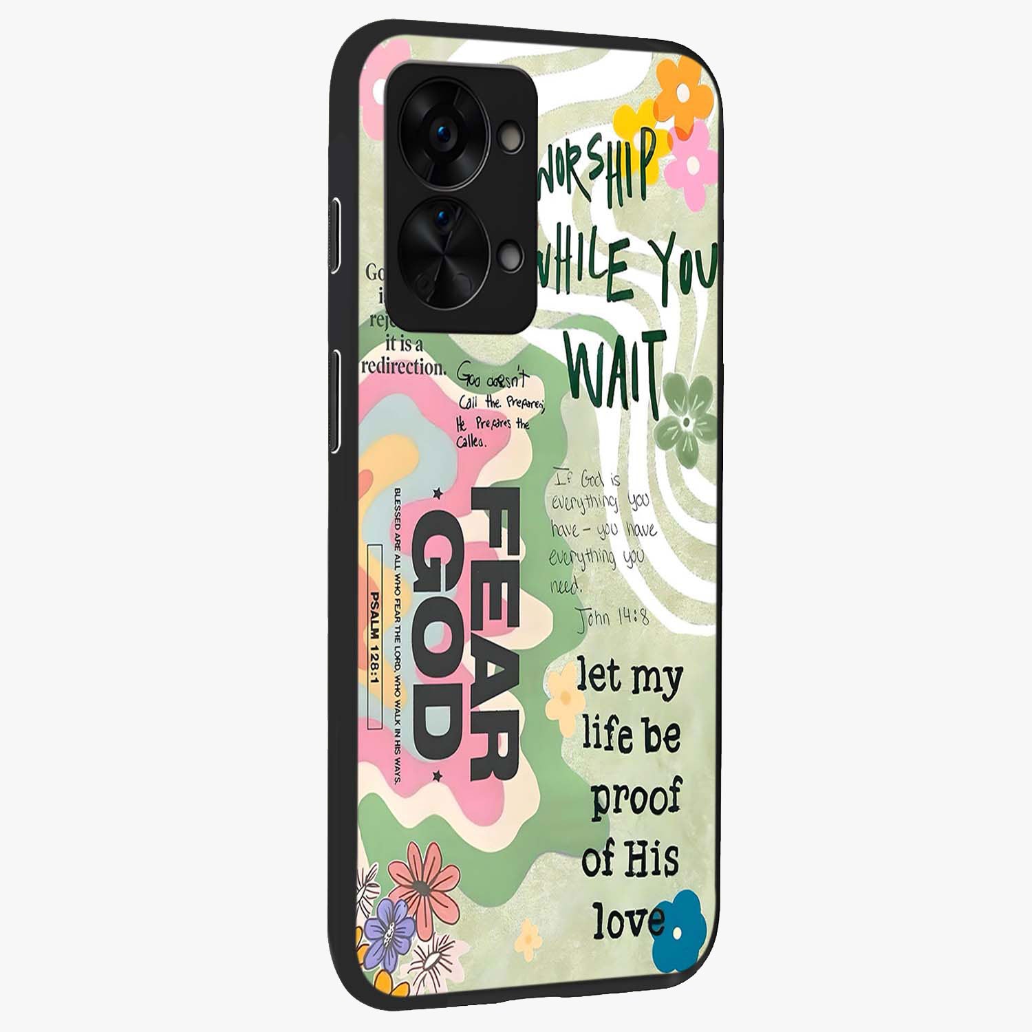 Faith Over Fear Glass Case for 1+Nord 2T side perspective highlighting powerful text detailing and premium edges