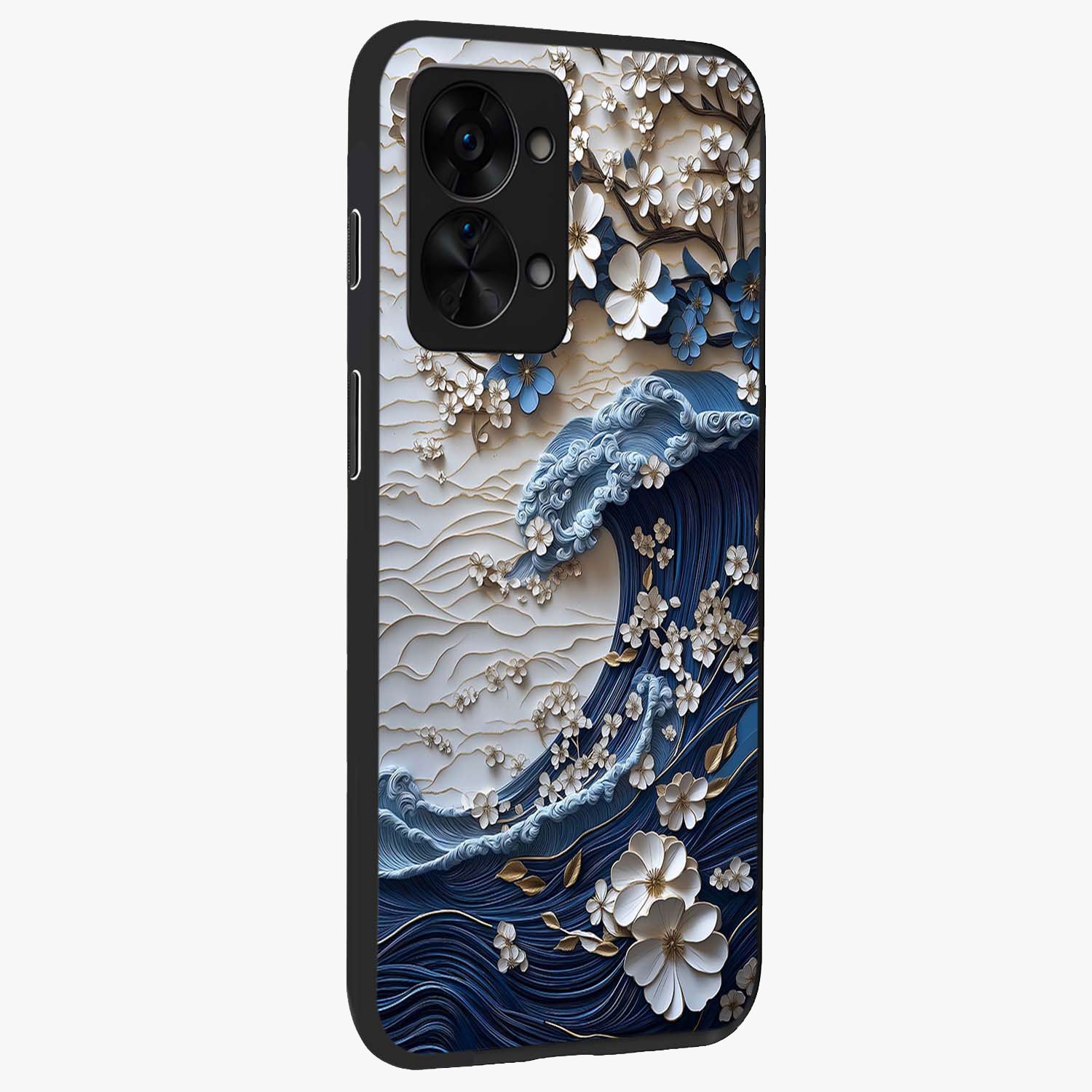Floral Wave Origami Glass Case for 1+Nord 2T side perspective highlighting sharp origami textures and sleek premium edges