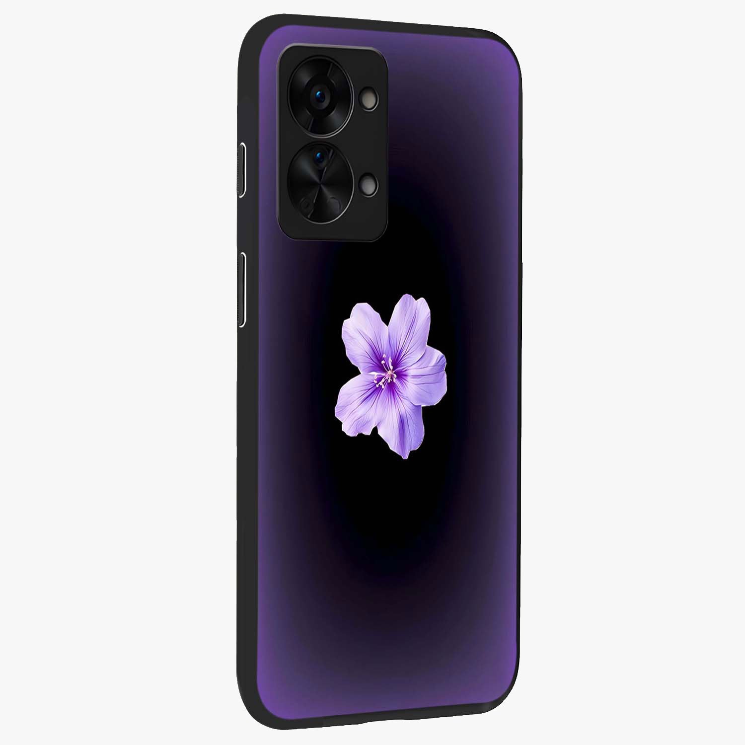 Flower on Soft Violet Gradient Glass Case for 1+Nord 2T side perspective highlighting delicate bloom detailing and smooth edges