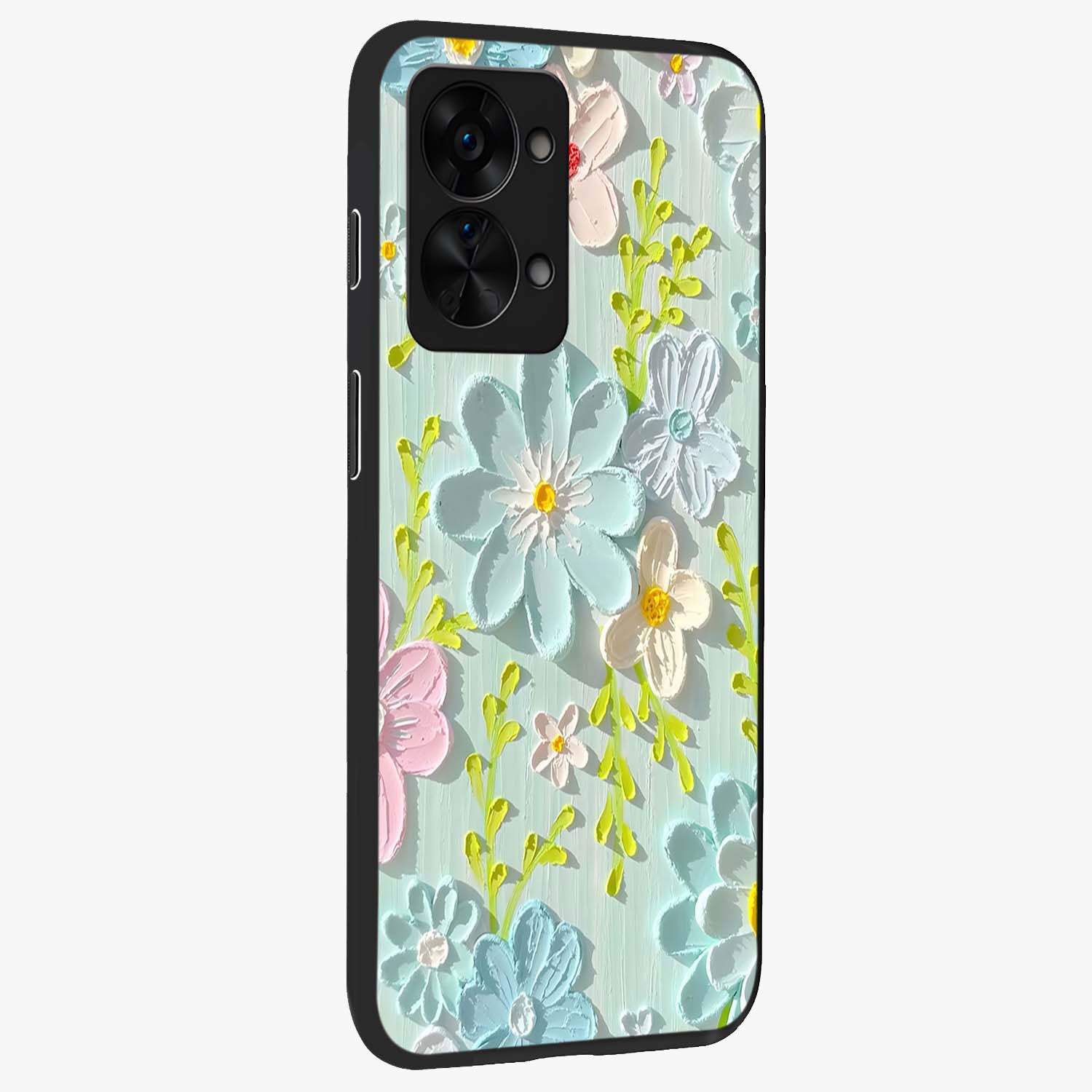 Frosted Petal Garden Glass Case for 1+Nord 2T side perspective highlighting subtle petal textures and sleek premium build