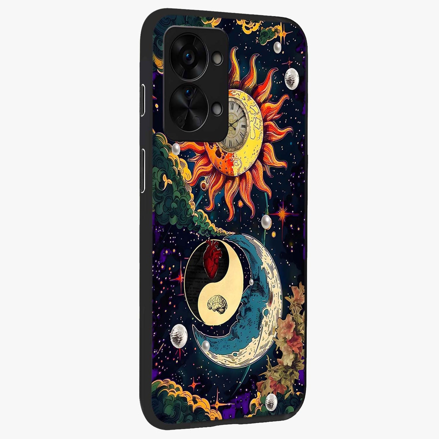 Future Universe Glass Case for 1+Nord 2T side perspective highlighting dynamic galaxy textures and premium edges