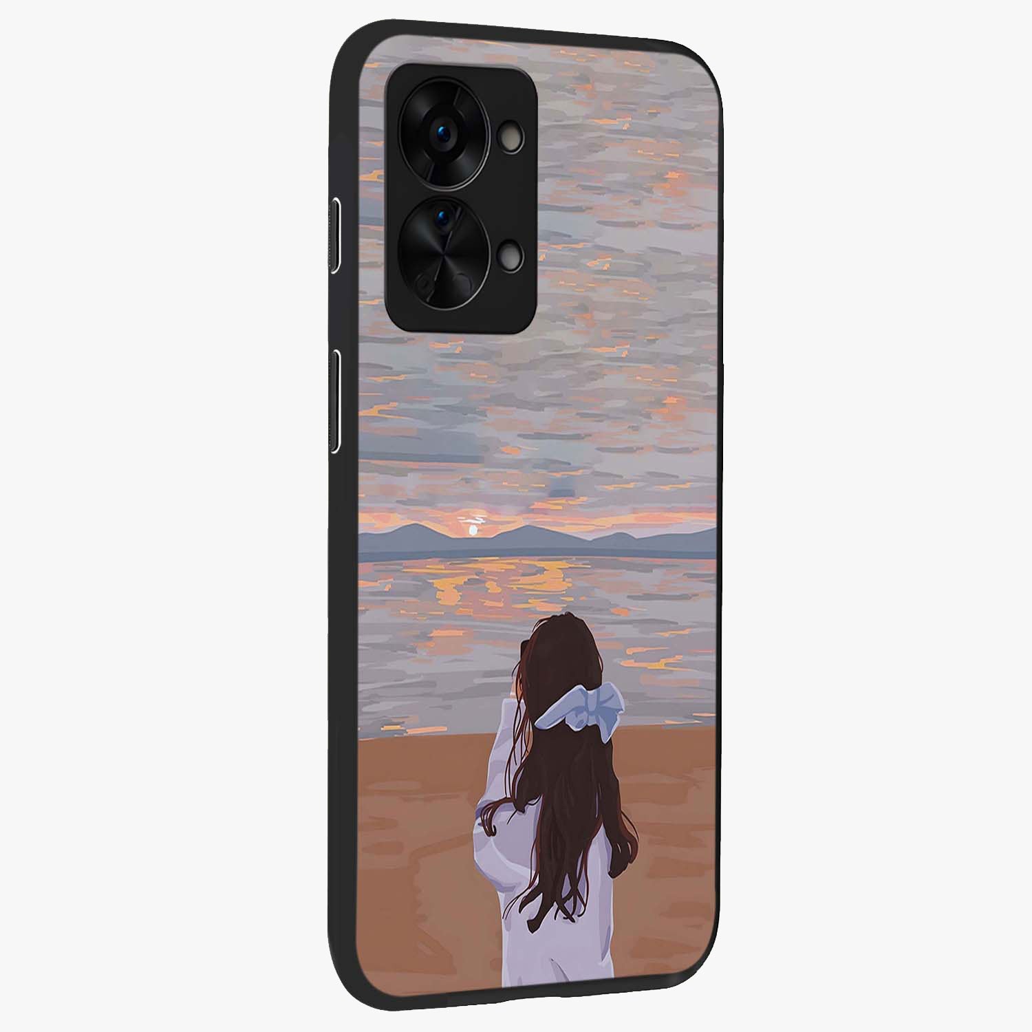 Girl Facing Sunset Beach Glass Case for 1+Nord 2T side perspective highlighting calming sunset gradients and smooth edges