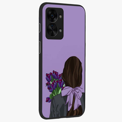 Girl Holding Flowers Glass Case for 1+Nord 2T side perspective highlighting delicate floral detailing and premium edges