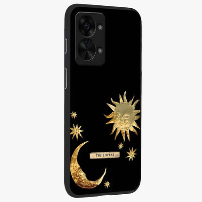 Golden Celestial Charm Glass Case for 1+Nord 2T side perspective highlighting luminous detailing and premium edge finish