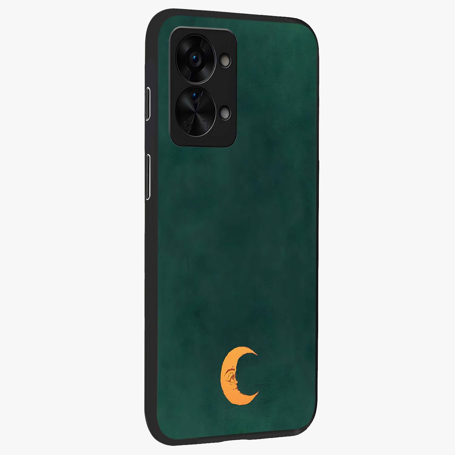 Golden Crescent Mood Glass Case for 1+Nord 2T side perspective highlighting elegant crescent detailing and smooth build