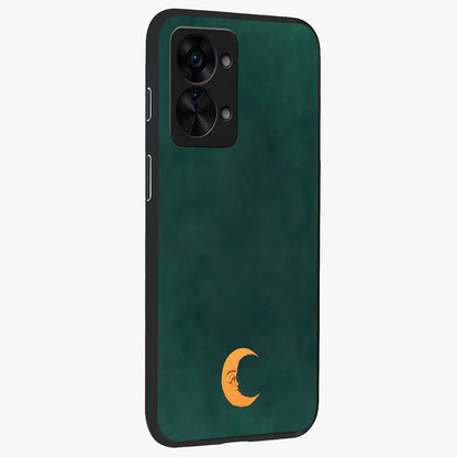 Golden Crescent Mood Glass Case for 1+Nord 2T side perspective highlighting elegant crescent detailing and smooth build