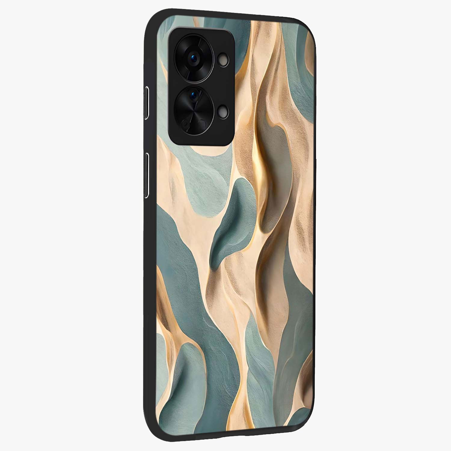 Golden Dune Waves Glass Case for 1+Nord 2T side perspective highlighting warm gradients and premium edges