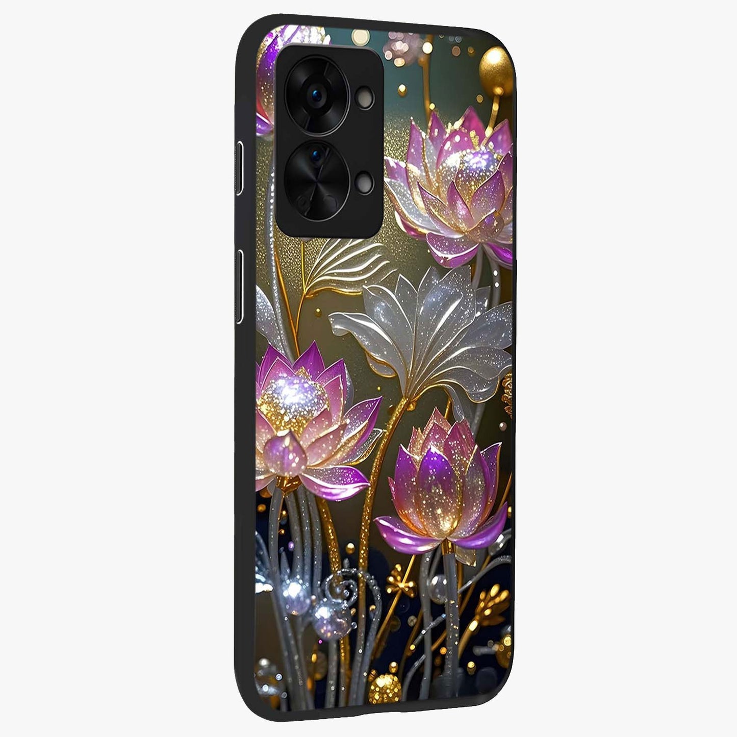 Golden Lotus Glow Glass Case for 1+Nord 2T side perspective highlighting intricate lotus detailing and premium edge finish