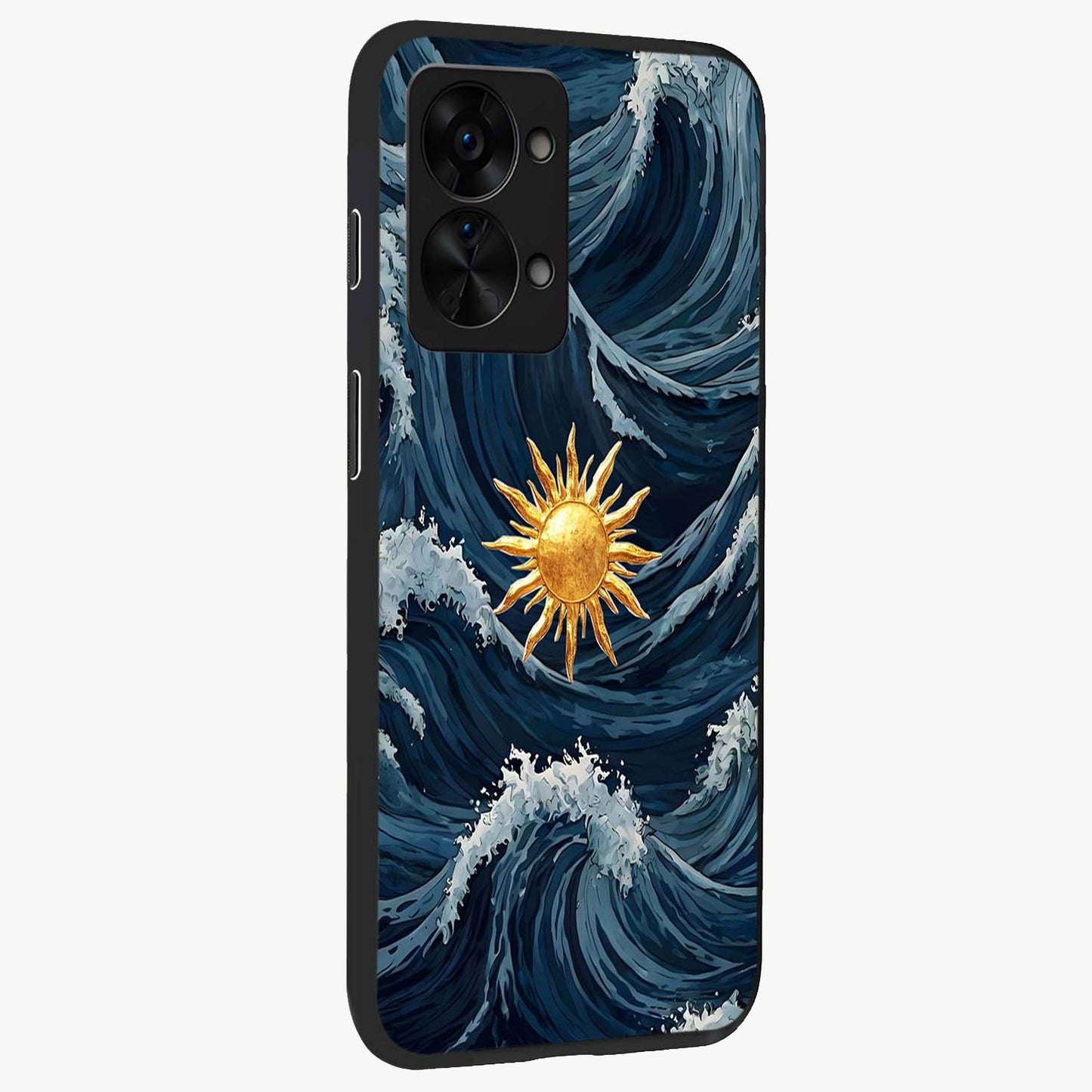 Golden Wave Rise Glass Case for 1+Nord 2T side perspective highlighting smooth wave textures and premium edges