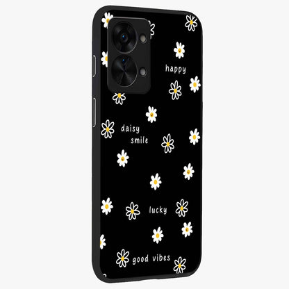 Good Vibes Daisy Black Pattern Glass Case for 1+Nord 2T side perspective highlighting playful daisy detailing and smooth edges
