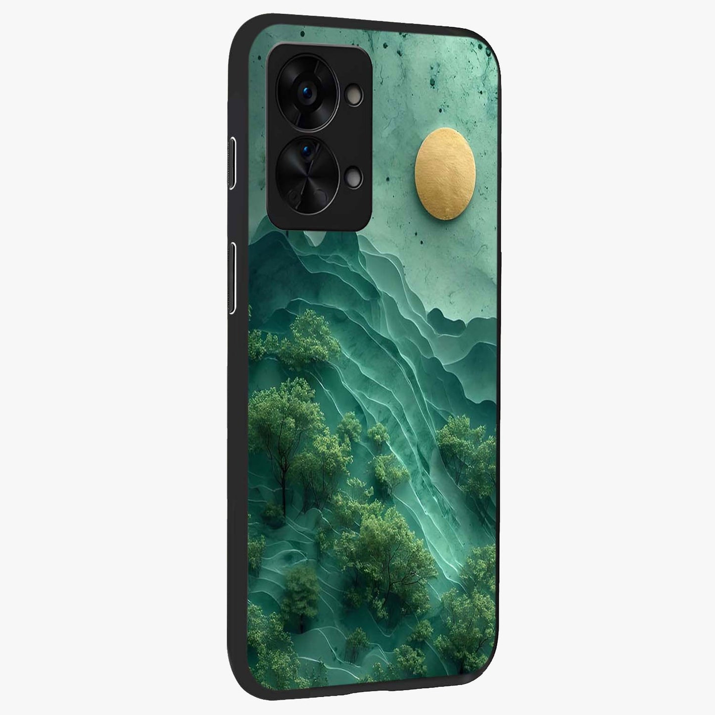 Green Hills With Sun Glass Case for 1+Nord 2T side perspective highlighting serene landscape textures and premium build