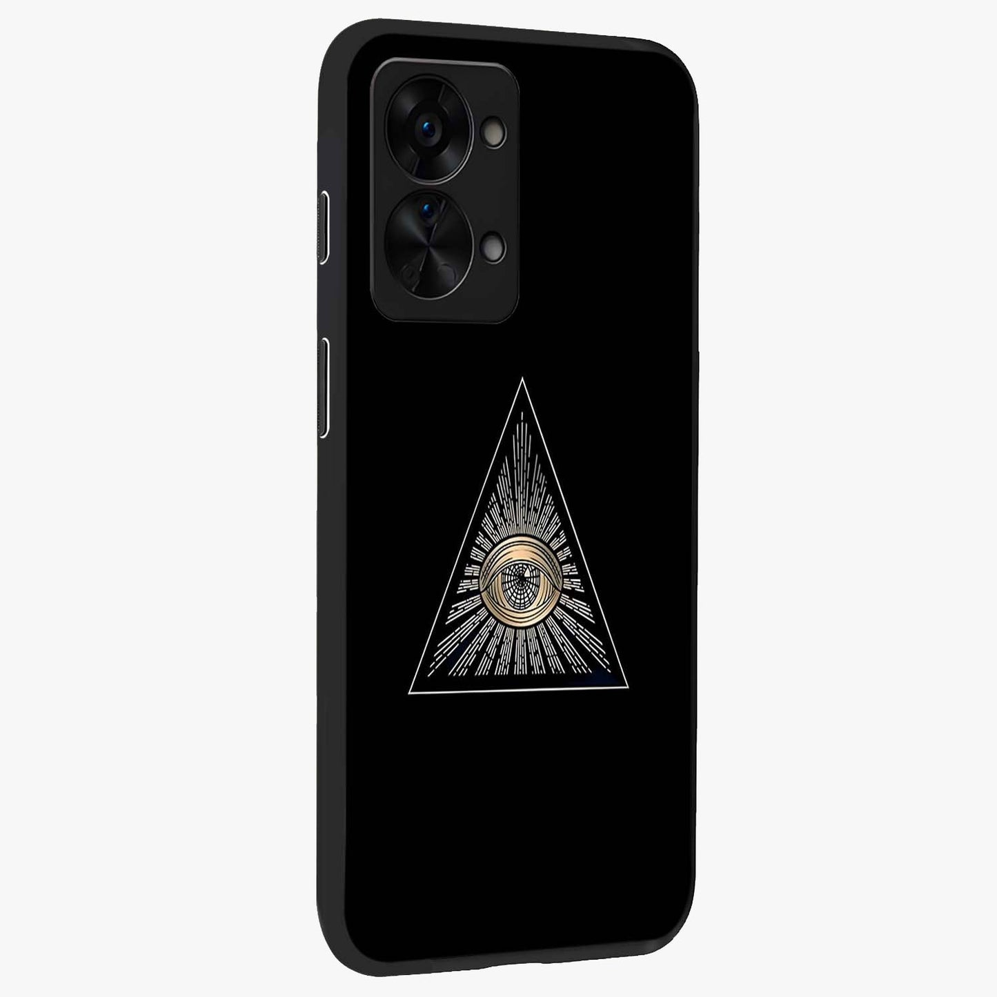 Illuminati Evil Glass Case for 1+Nord 2T displayed upright for mysterious statement visibility and premium finish.