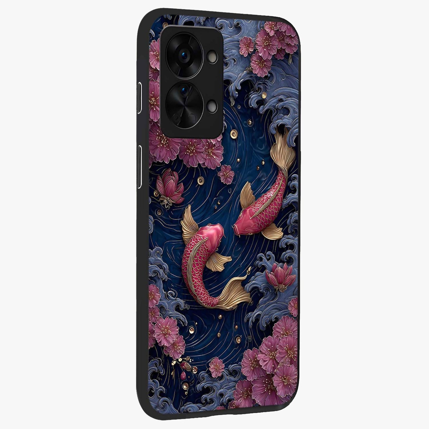 Koi Wave Dance Glass Case for 1+Nord 2T side perspective highlighting dynamic motion detailing and smooth build