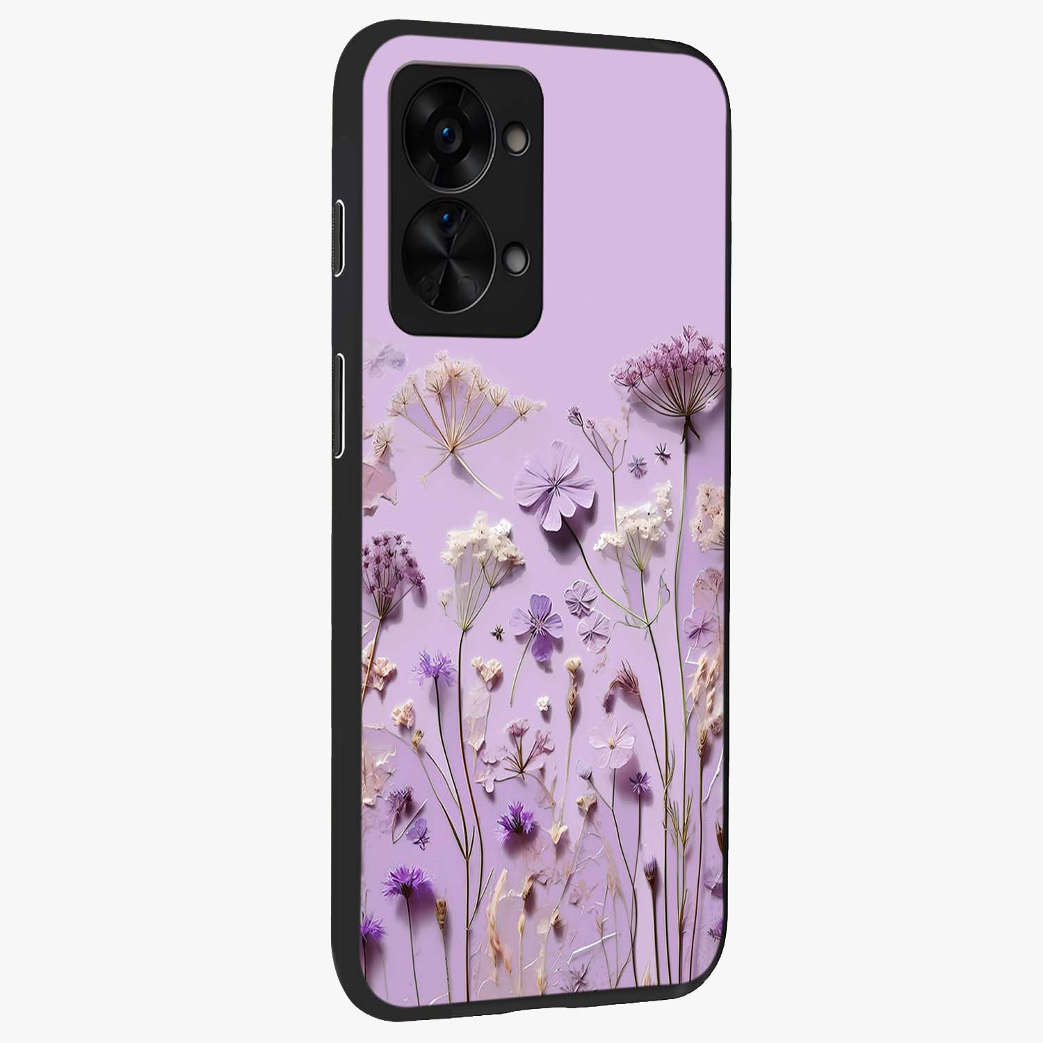 Lavender Blossom Dream Glass Case for 1+Nord 2T side perspective highlighting gentle bloom detailing and premium edges