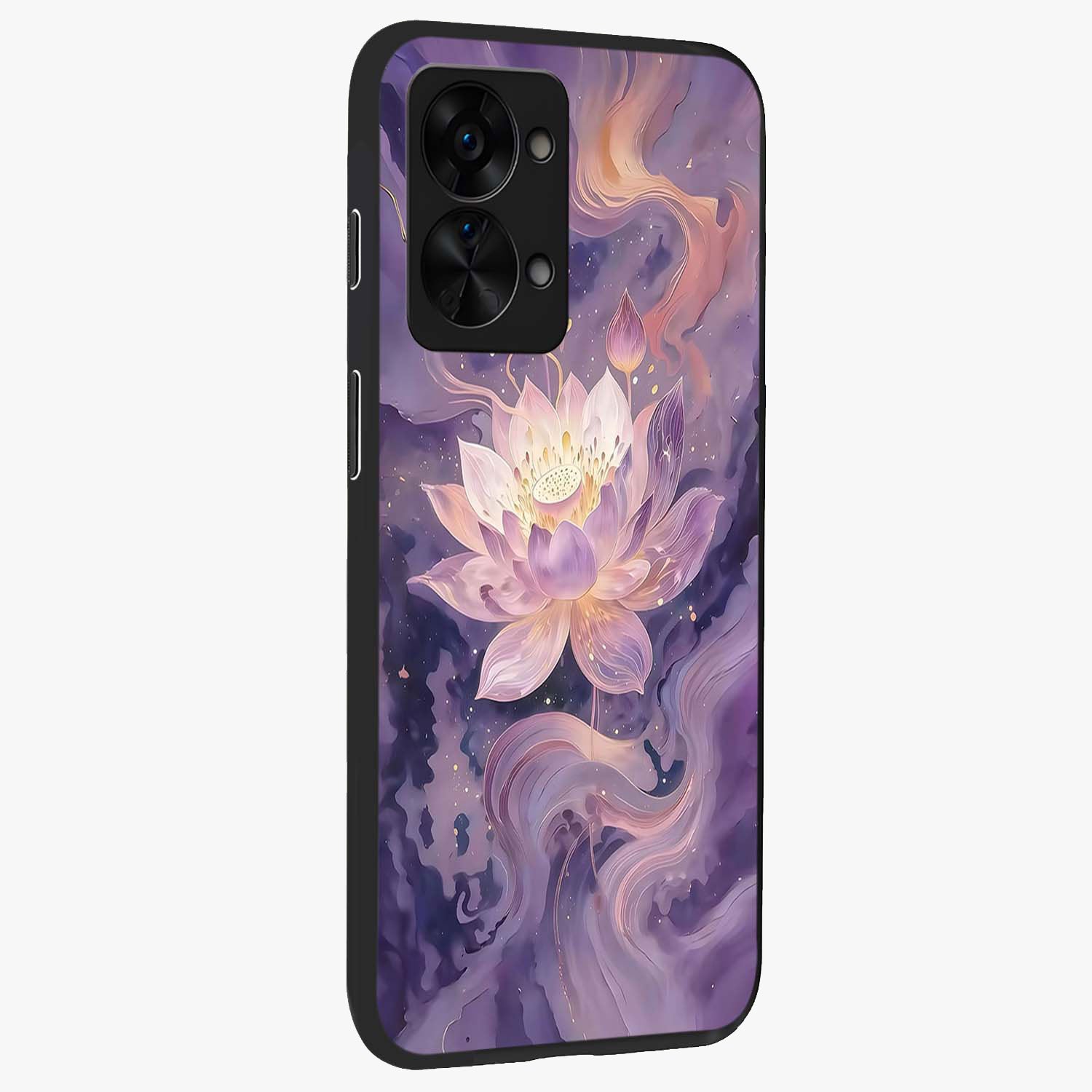 Lavender Lotus Muse Glass Case for 1+Nord 2T side perspective highlighting serene lotus textures and premium edges