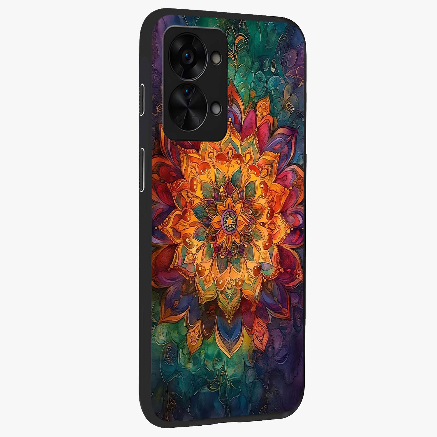 Mandala Vibrants Glass Case for 1+Nord 2T side perspective highlighting vibrant ornamental textures and premium edges