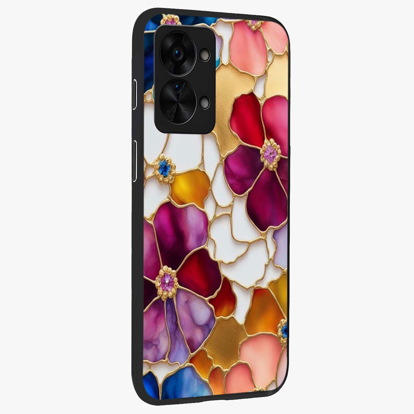Marble Flower Pattern Glass Case for 1+Nord 2T side perspective highlighting elegant marble textures and sleek build
