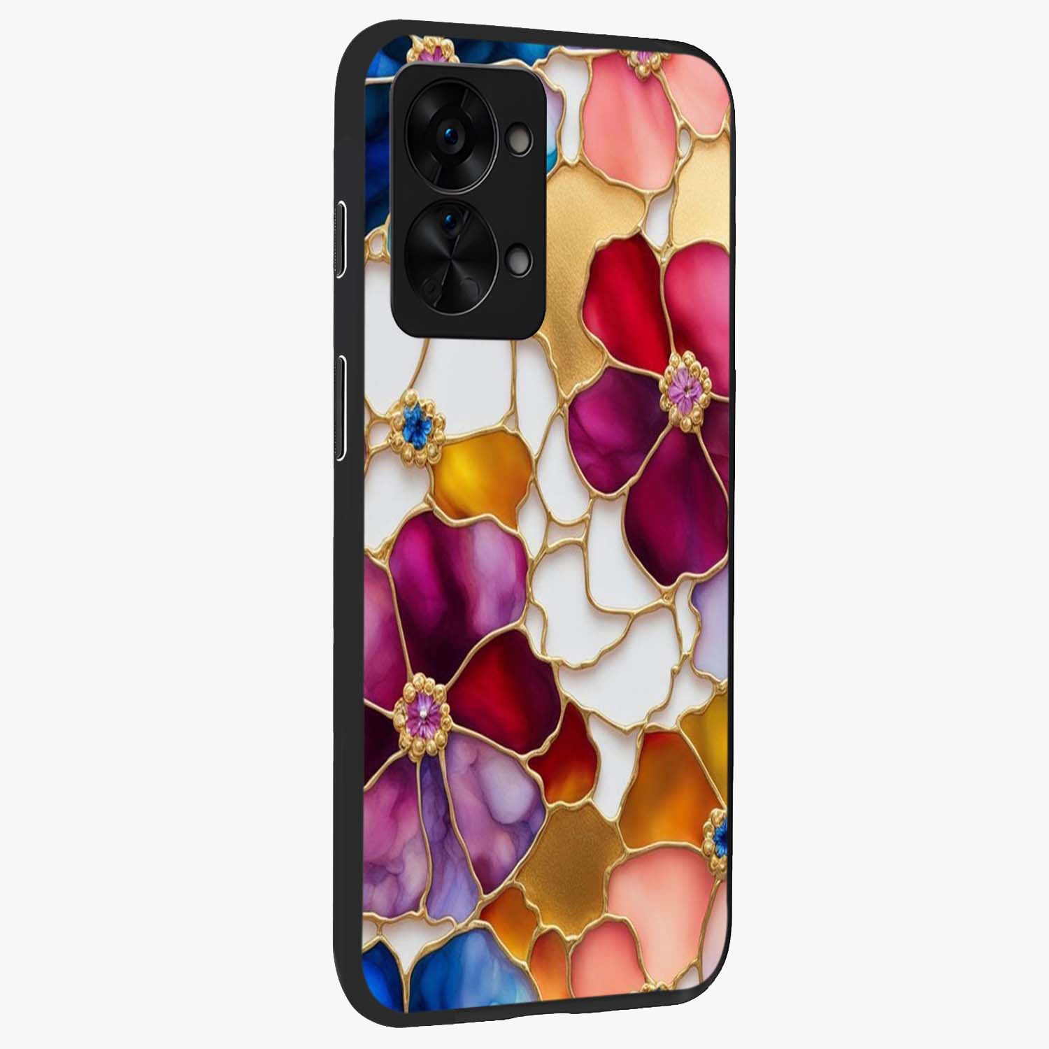 Marble Flower Pattern Glass Case for 1+Nord 2T side perspective highlighting elegant marble textures and sleek build