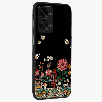 Midnight Bloom Pattern Glass Case for 1+Nord 2T side perspective highlighting intricate floral textures and premium edges