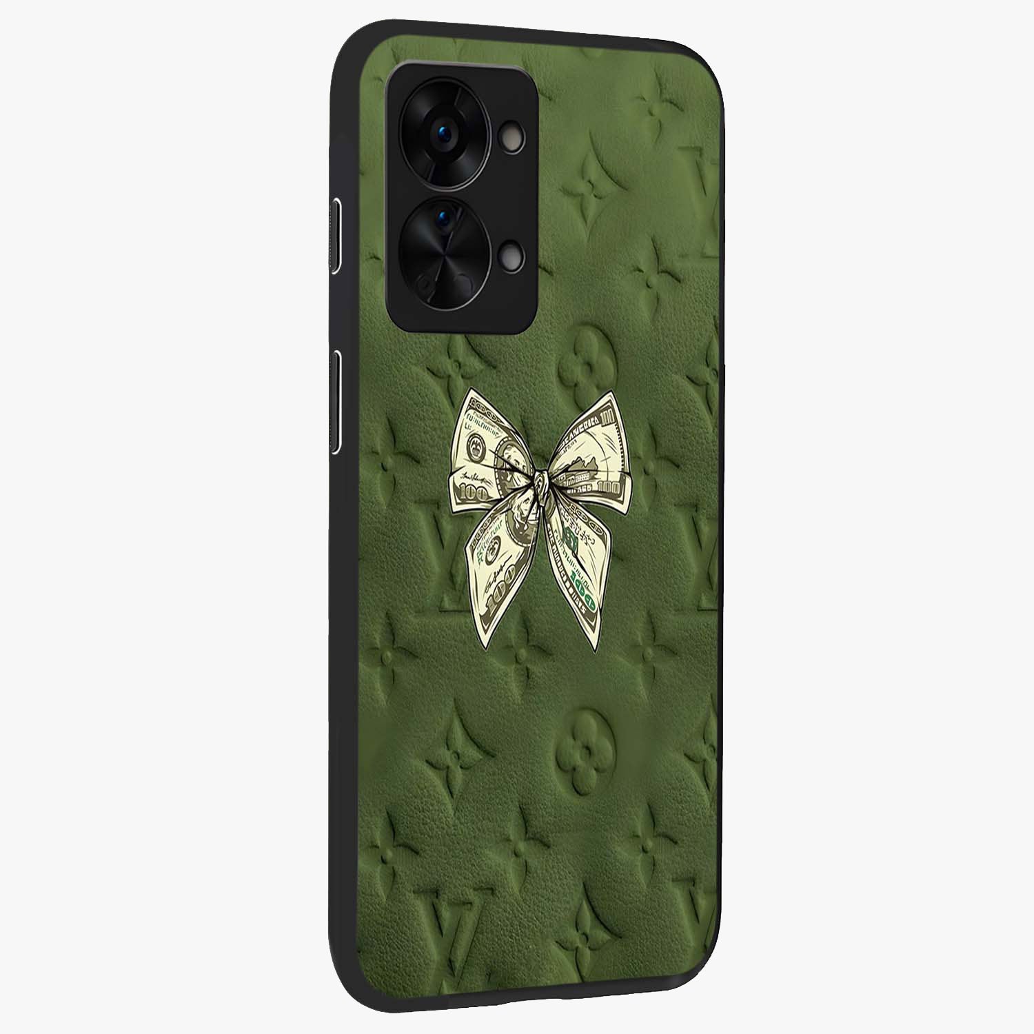 Money Bow Lv Glass Case for 1+Nord 2T side perspective highlighting stylish textures and sleek build