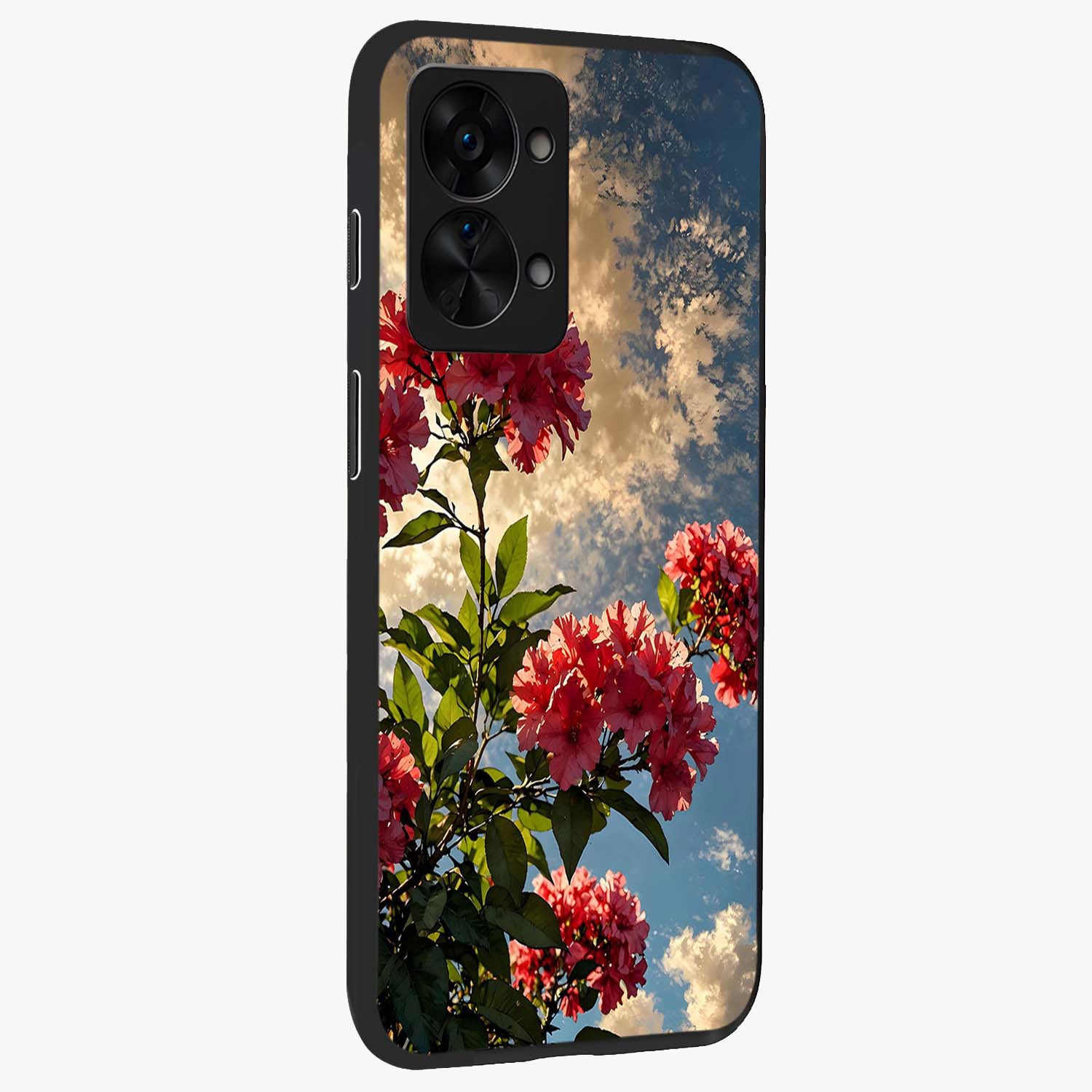 Moonlit Blossom Charm Glass Case for 1+Nord 2T side perspective highlighting refined floral textures and premium edges