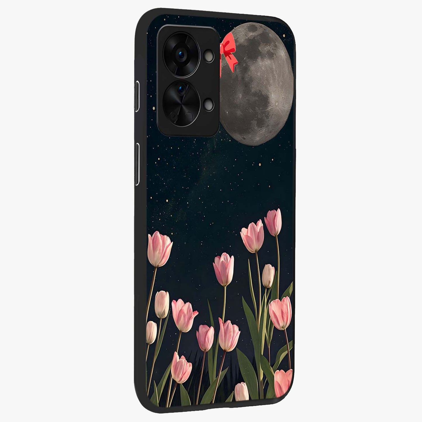 Moonlit Night Tulip Glass Case for 1+Nord 2T side perspective highlighting delicate petal textures and sleek build