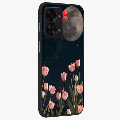 Moonlit Night Tulip Glass Case for 1+Nord 2T side perspective highlighting delicate petal textures and sleek build