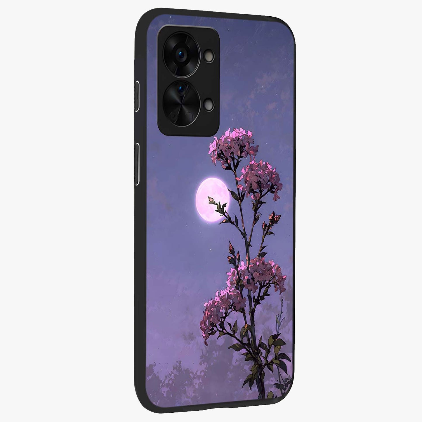 Moonlit Petal Night Glass Case for 1+Nord 2T side perspective highlighting graceful petal textures and smooth build