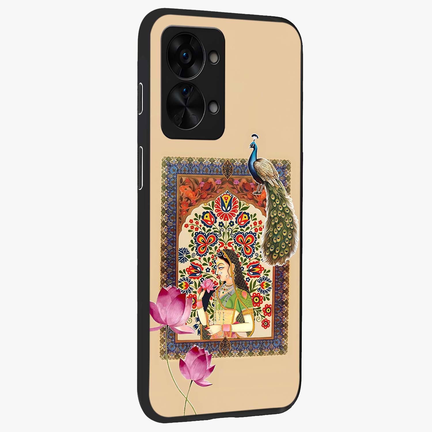 Mughal Princess and Peacock Glass Case for 1+Nord 2T side perspective highlighting detailed cultural textures and smooth premium build