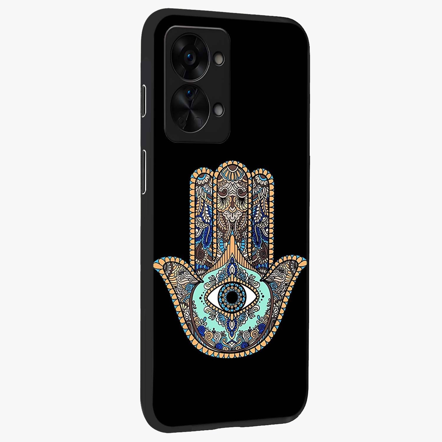 Mystic Hamsa Eye Glass Case for 1+Nord 2T side perspective highlighting ornate textures and premium edges
