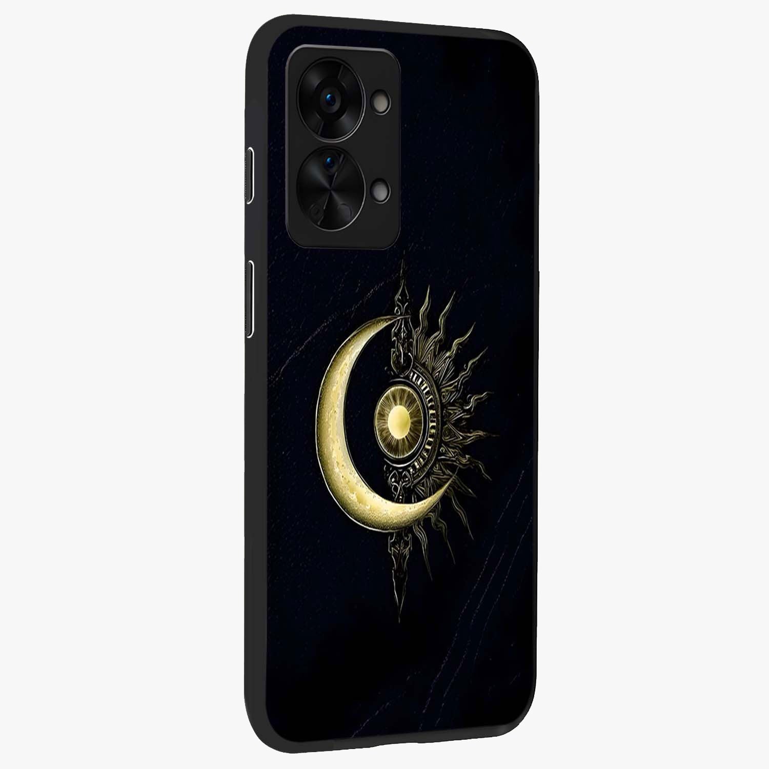 Mystic Lunar Flame Glass Case for 1+Nord 2T side perspective highlighting intense flame textures and premium build