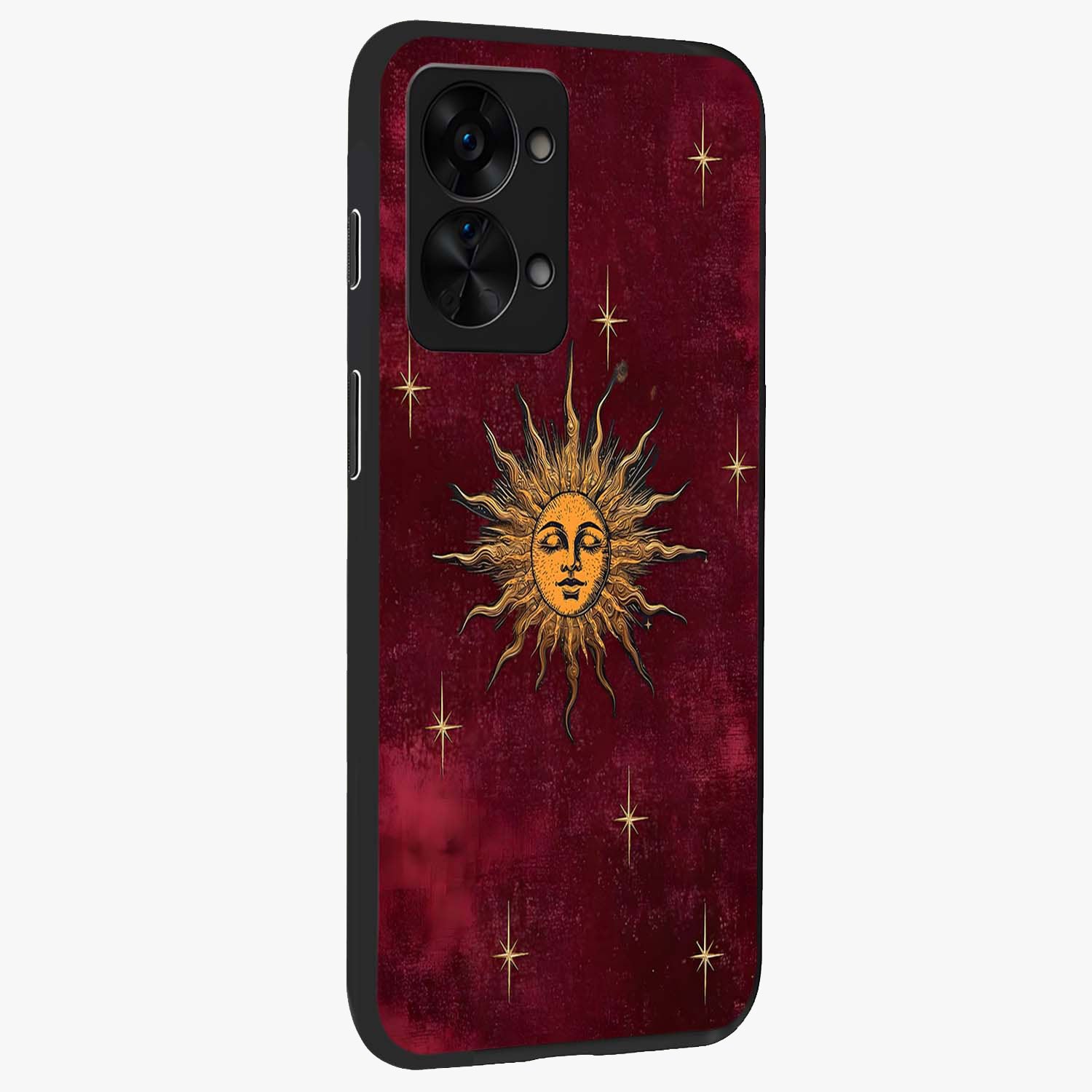 Mystic Solar Glow Glass Case for 1+Nord 2T side perspective highlighting luminous detailing and premium edges