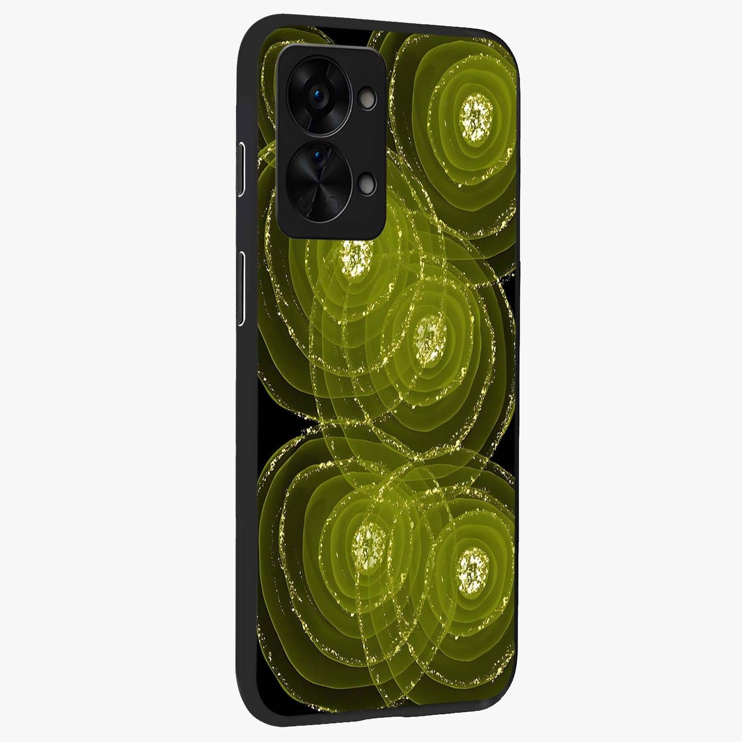 Neon Orbit Bloom Marble Glass Case for 1+Nord 2T side perspective highlighting luminous textures and premium edges