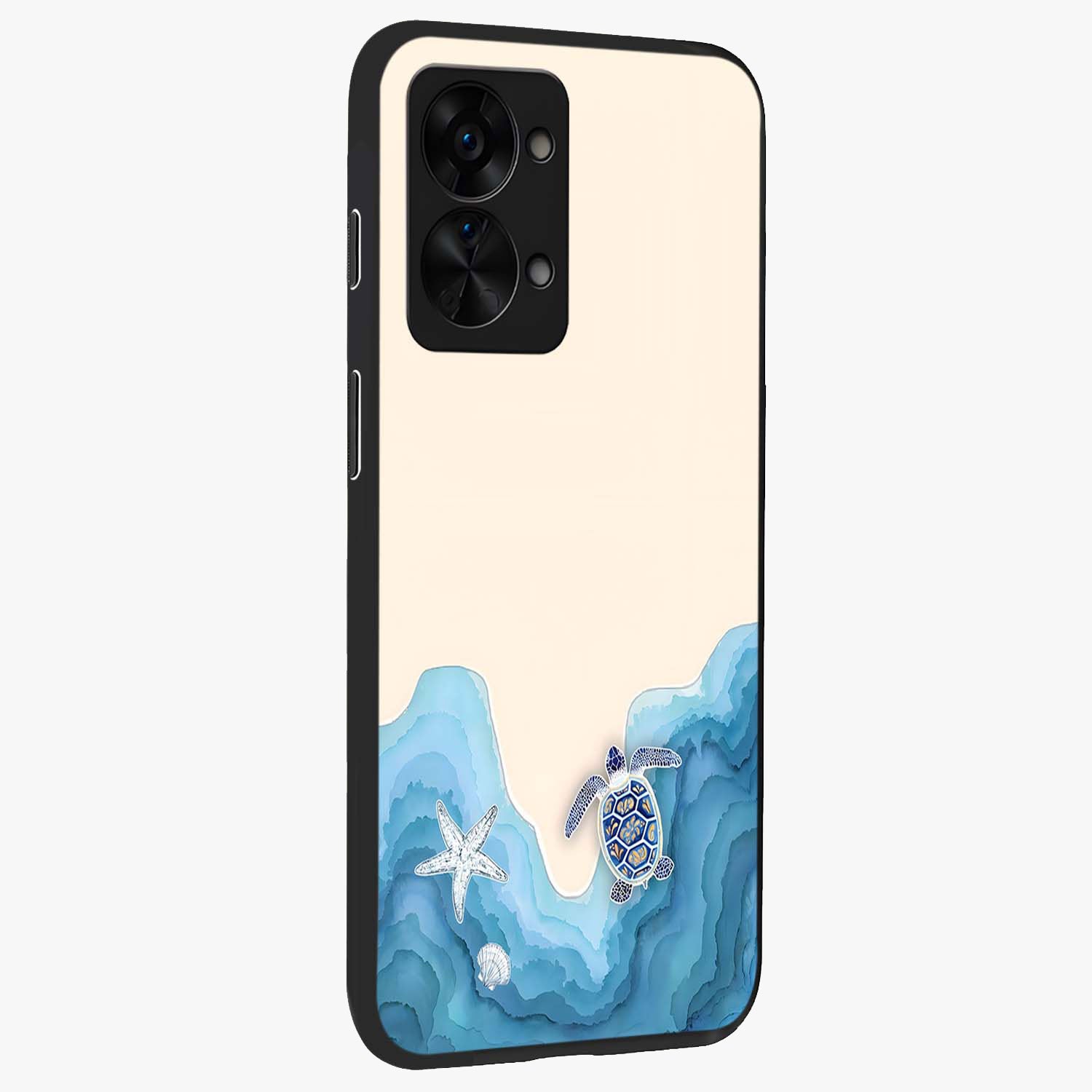 Ocean Drift Turtle Glass Case for 1+Nord 2T side perspective highlighting aquatic textures and premium edges