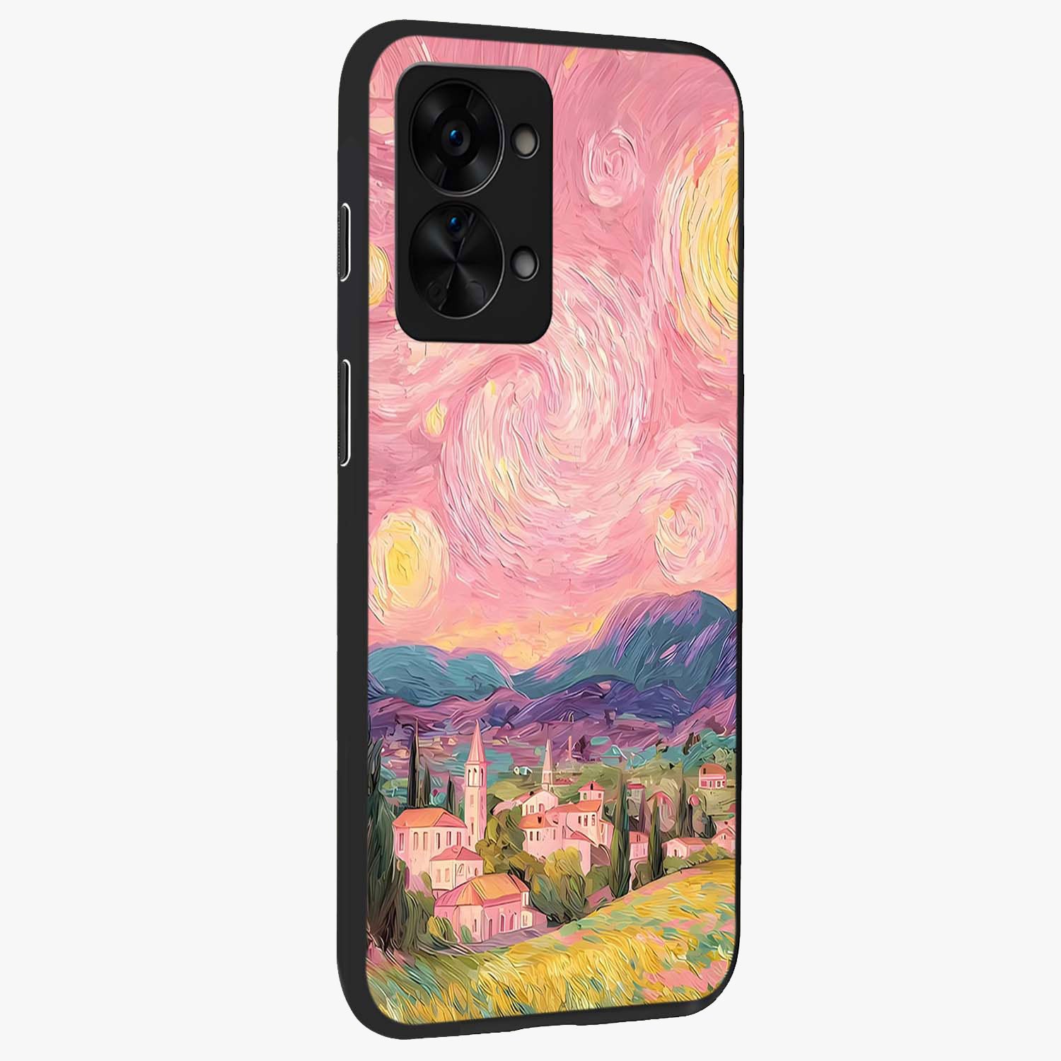 Pastel Starry Village Glass Case for 1+Nord 2T side perspective highlighting serene scenic textures and premium edges