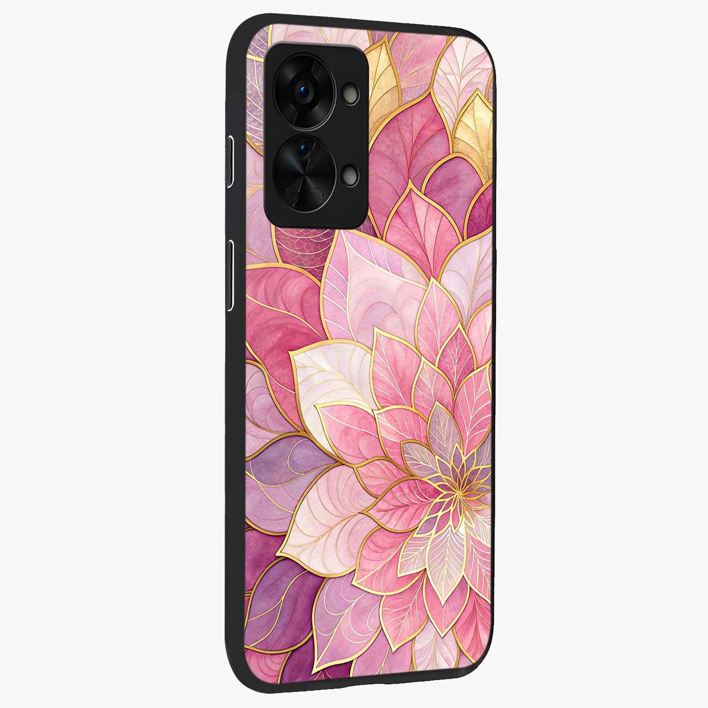 Petal Luxe Bloom Glass Case for 1+Nord 2T side perspective highlighting elegant textures and premium edge finish