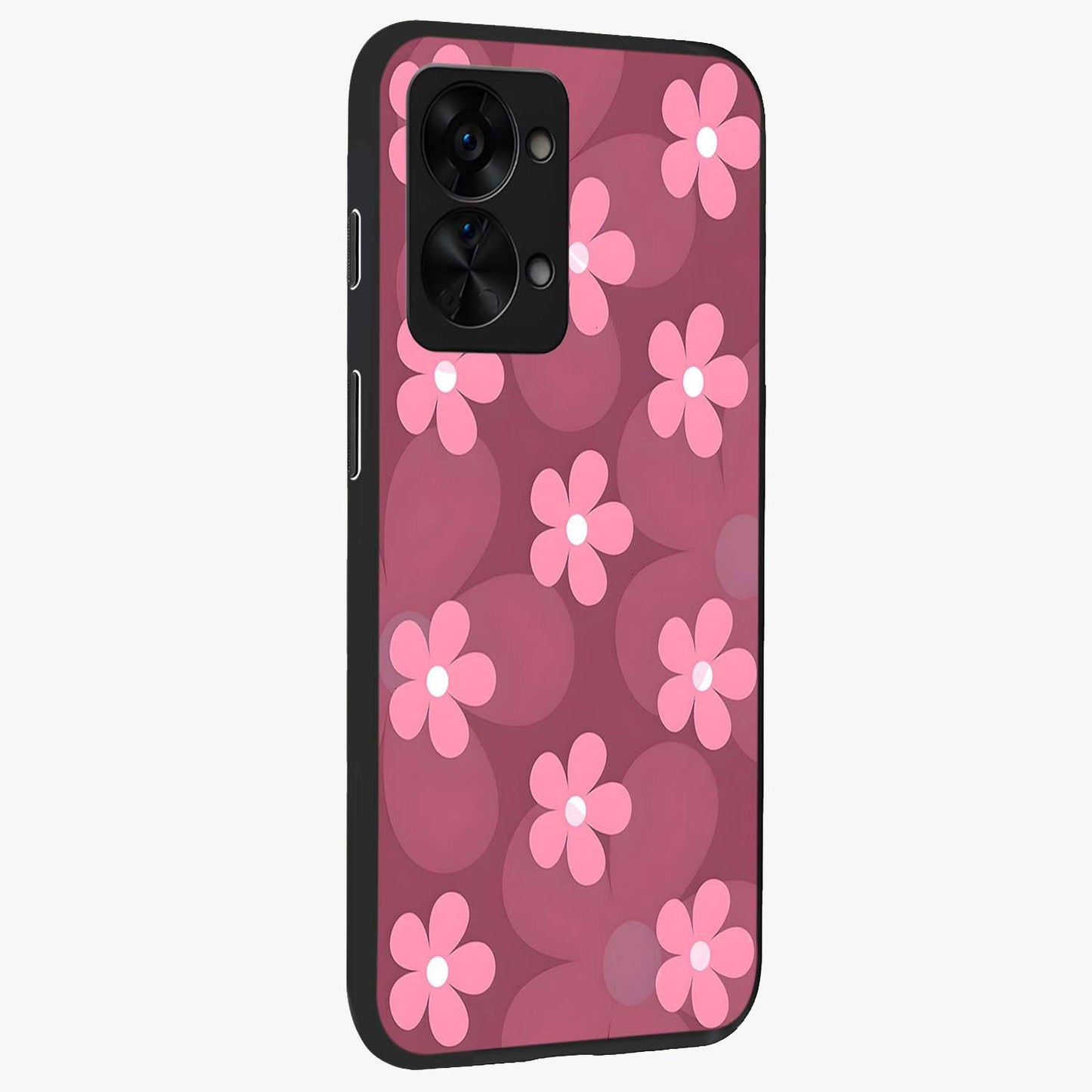 Pink Daisy Flower Pattern Glass Case for 1+Nord 2T side perspective highlighting bright floral textures and smooth build