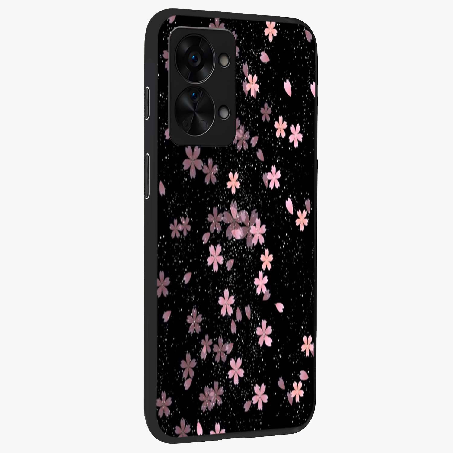 Pink Flower Black Background Glass Case for 1+Nord 2T side perspective highlighting vivid bloom textures and sleek build