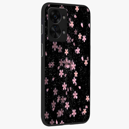 Pink Flower Black Background Glass Case for 1+Nord 2T side perspective highlighting vivid bloom textures and sleek build