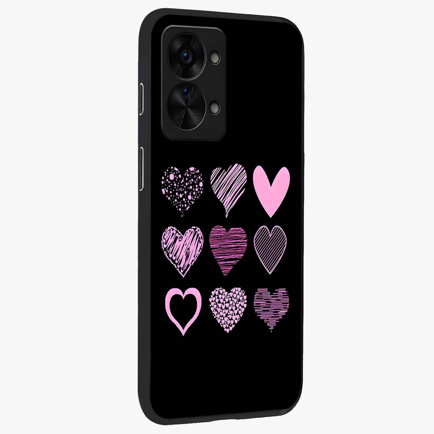 Pink Heart Aesthetic Glass Case for 1+Nord 2T side perspective highlighting smooth textures and premium edge finish