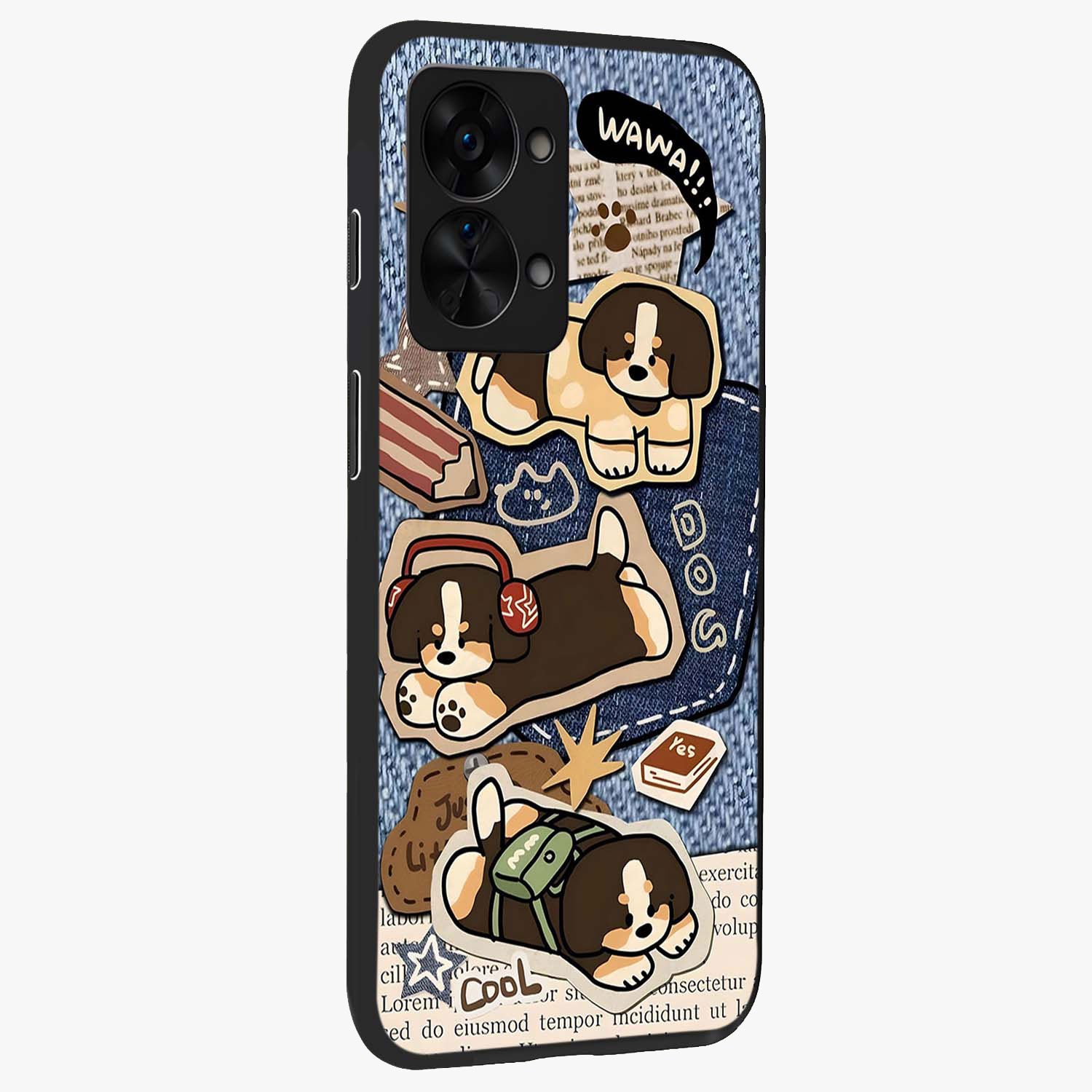 Puppy Sticker Parade Glass Case for 1+Nord 2T side perspective highlighting fun sticker textures and premium edges